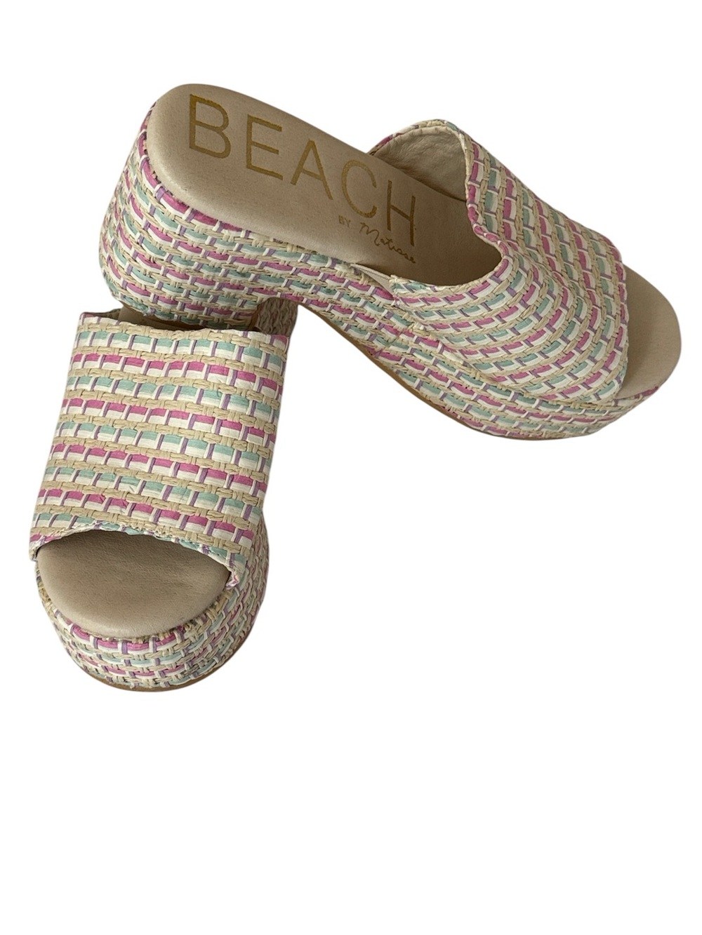 Beach by Matisse Terry platform heeled sandals in a multicolor woven design, 7